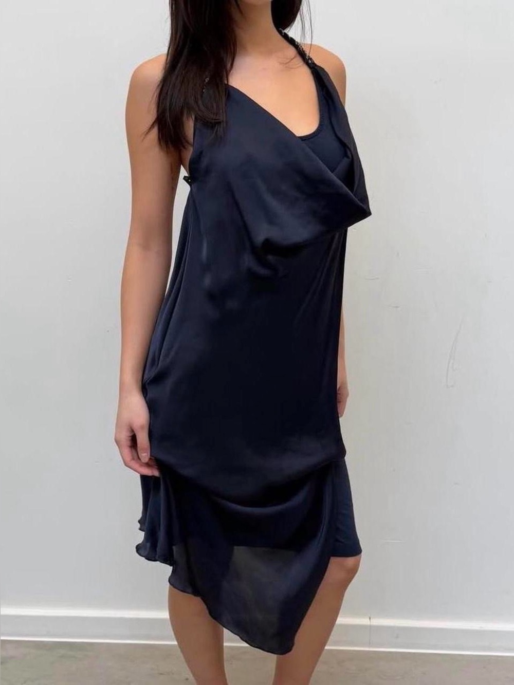 nhogirl navy blue silk slip dress